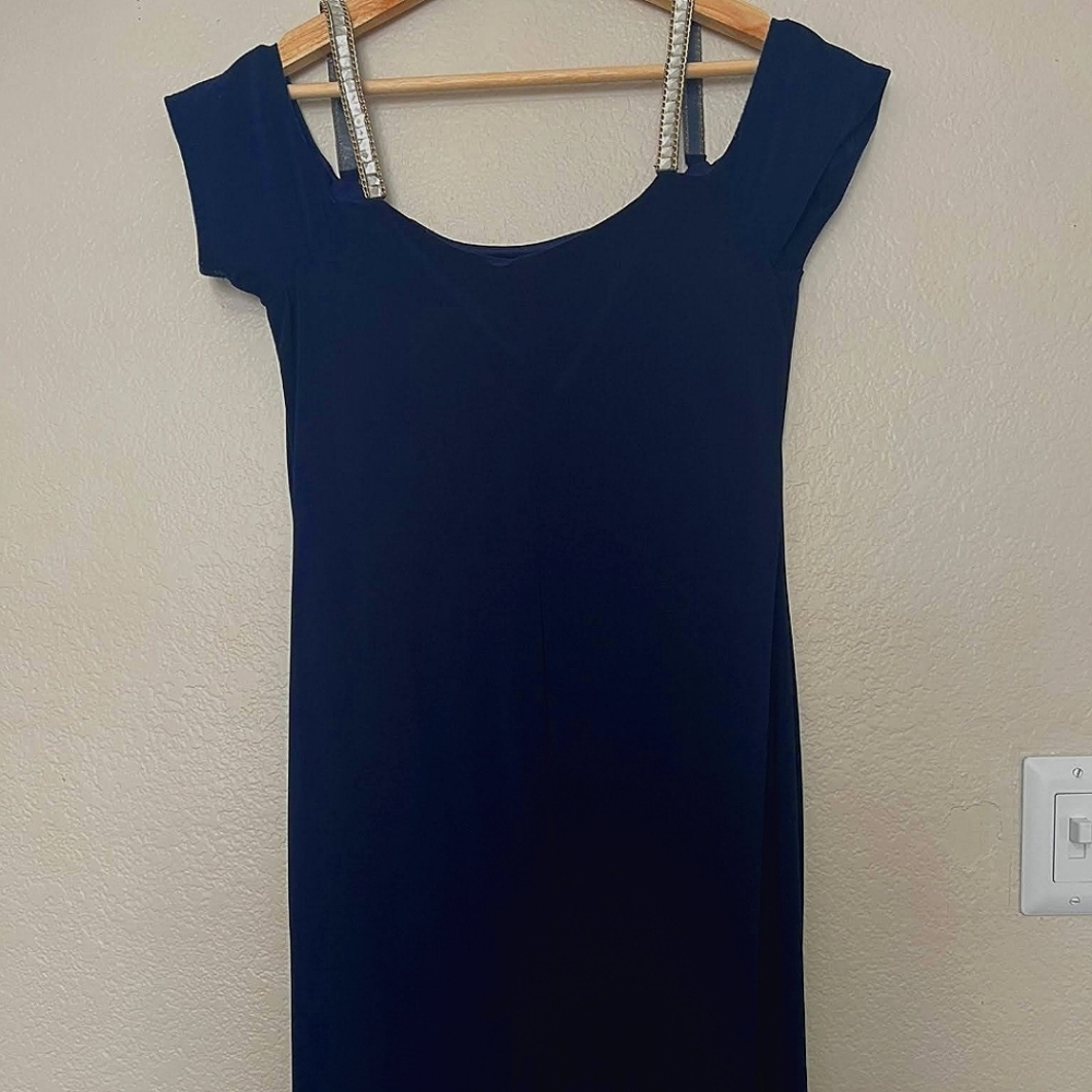 Elegant and simple navy night/gown dress with diamonds, gold chain as straps
